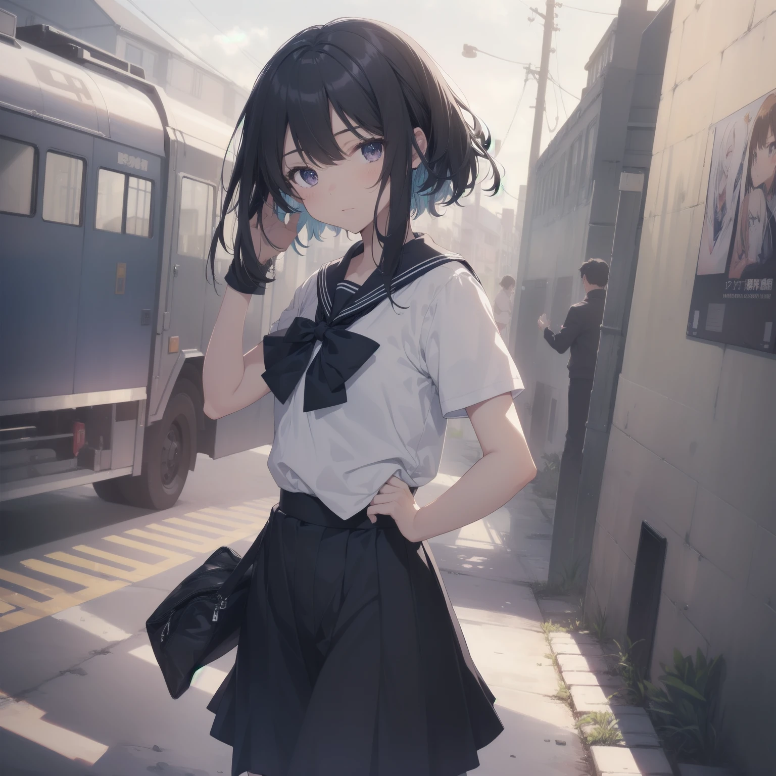 ultra-absurdres-Top quality by artist God, ultra-detailed, high resolution, anime moe artstyle, best anime 8k konachan wallpaper, pixiv contest winner, pool:2810, perfect anatomy,break, 1girl, (Please draw a girl walking sleepily to school alone. )break,(Solo,little female, -yeld:1.Full limbs, complete fingers,a junior hihort hair), short cut, flat chest, , small butt, small black eyes, beautiful detailed eyes, well-proportioned iris and pupils, expressive eyes, highres detailed hair, soft expression, salor school_uniform, sailor collar, serahuku, bow, pleated skirt,(Detailed Lighting), (Detailed background), in the School commute route. break,super detailed skin, Best cinematic lighting powered by famous artist, 8k,beauty illustration,photoshop_(medium),very aesthetic,break,((artist:mizuki_makoto )), artist:clamp ,artist:carnelian ,artist:kantoku ,