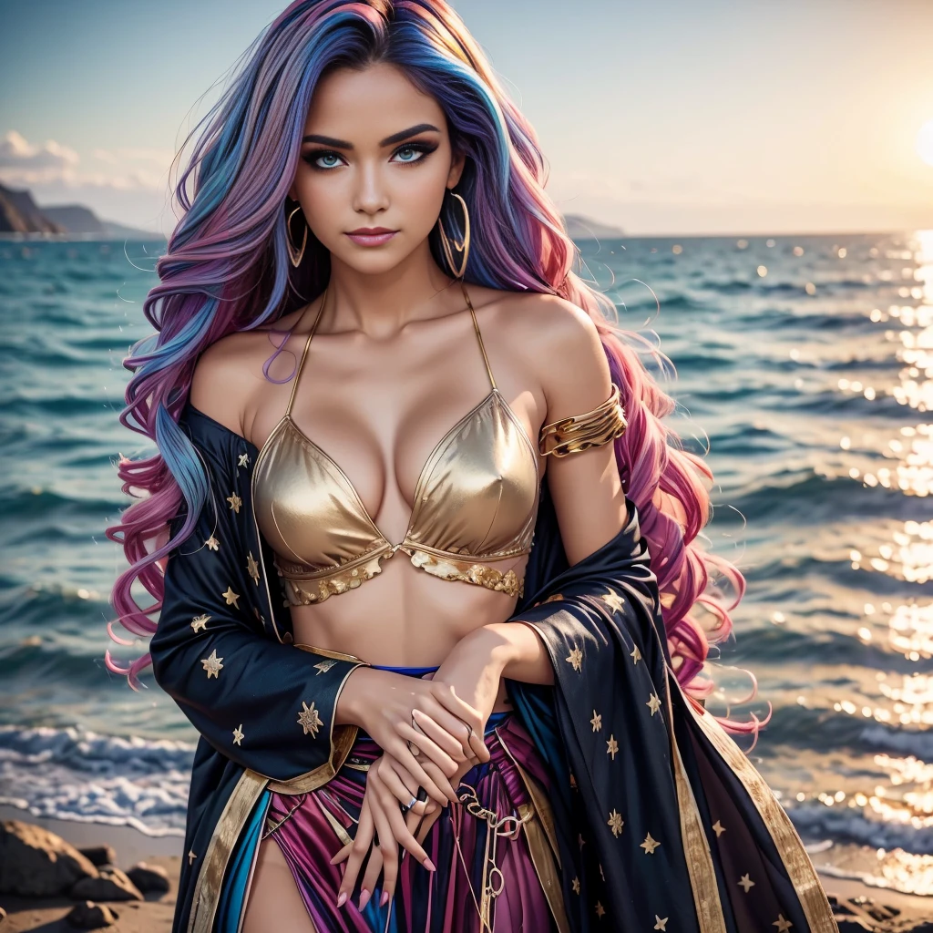 1 girl, (iridescent hair, colorful hair, half blue and half pink hair: 1.2), , blue_sky, holding a magic wand, summer (season), petals_on_liquid, black cloak with hood, red and black torn dress, skirt: 1.2, (gold long curly hair: 1.5), sky, outdoor, clouds, bangs, smile, sky blue eyes, bare shoulders, perfect hands, Hand details, repaired fingers. Earrings, sea + background, looking_at_viewer, cowboy shot, top quality, rich detail, perfect image quality, sunrise