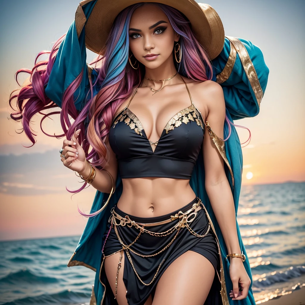 1 girl, (iridescent hair, colorful hair, half blue and half pink hair: 1.2), , blue_sky, holding a magic wand, summer (season), petals_on_liquid, black cloak with hood, red and black torn dress, skirt: 1.2, (gold long curly hair: 1.5), sky, outdoor, clouds, bangs, smile, sky blue eyes, bare shoulders, perfect hands, Hand details, repaired fingers. Earrings, sea + background, looking_at_viewer, cowboy shot, top quality, rich detail, perfect image quality, sunrise