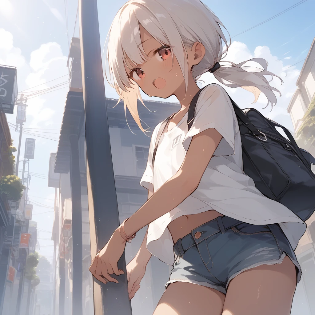 score_9, score_8_up, score_7_up, source_anime, best quality, masterpiece, official art, absurdres, highres, ultra-detailed,waifu2x,Collection: Slice of Life,break,1girl, tomboy, dark-skinned female, short hair, low ponytail, flat chest, beautiful detailed eyes, short shorts, sweat, open mouth, (yawn:0.3), sleepily, outdoors, wind,break,(clear line illustration:1.2), super detailed skin,very high resolution, very aesthetic, Best sexual lighting powered by famous artist, 8k,cute picture,beauty illustration,photoshop_(medium),,(Detailed Lighting),best anime 8k konachan wallpaper, pixiv contest winner,
