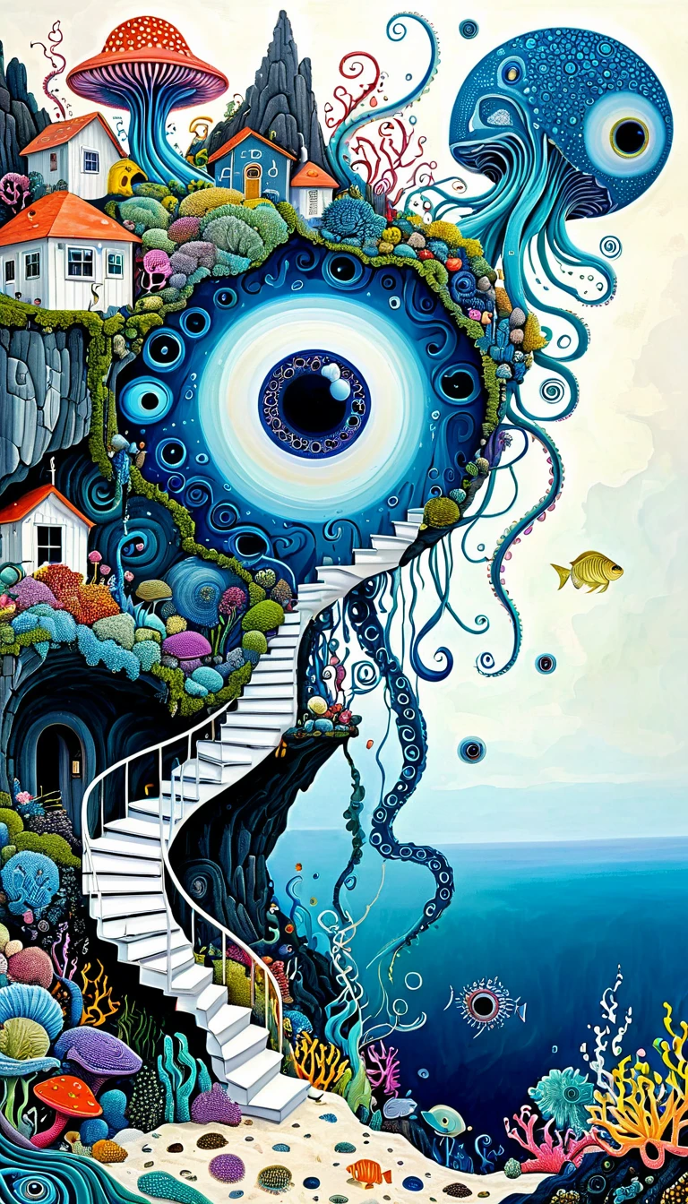 &quot;Dick Ellescas Artist Style&quot;,cabin on cliff，Tentacles瀑布，fish，Tentacles，Eye、eyeball、diatom，Spiral Staircase，Stitching together an abstract painting，Describing the inner world of autistic people，Sense of space，White Space，interesting，Innocence，Psychedelic Art，Blue Theme