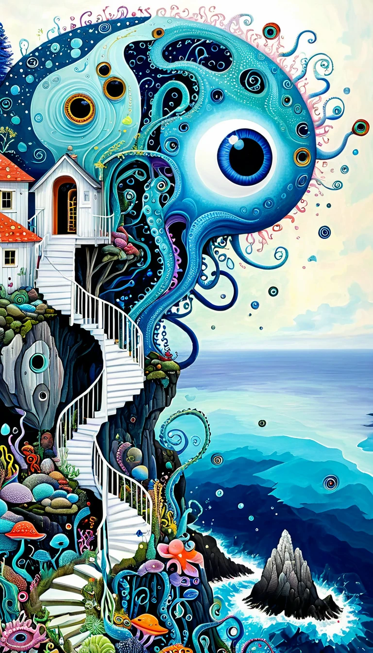 "Dick Ellescas Artist Style",cabin on cliff,Tentacles瀑布,fish,Tentacles,Eye、eyeball、diatom,Spiral Staircase,Stitching together an abstract painting,Describing the inner world of autistic people,Sense of space,White Space,interesting,Innocence,Psychedelic Art,Blue Theme