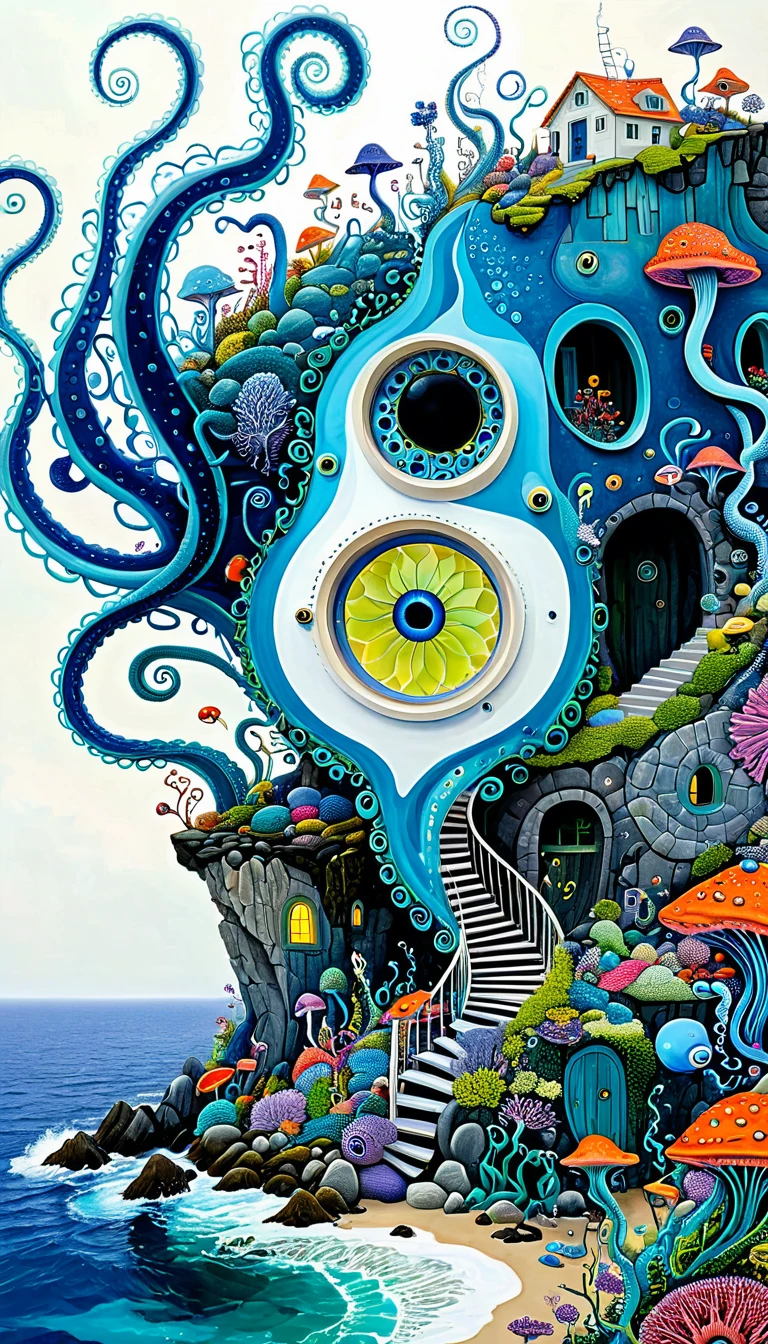 &quot;Dick Ellescas Artist Style&quot;,cabin on cliff，Tentacles瀑布，fish，Tentacles，bird、Eye、eyeball、diatom，Spiral Staircase，Stitching together an abstract painting，Describing the inner world of autistic people，Sense of space，White Space，interesting，Innocence，Psychedelic Art，Blue Theme