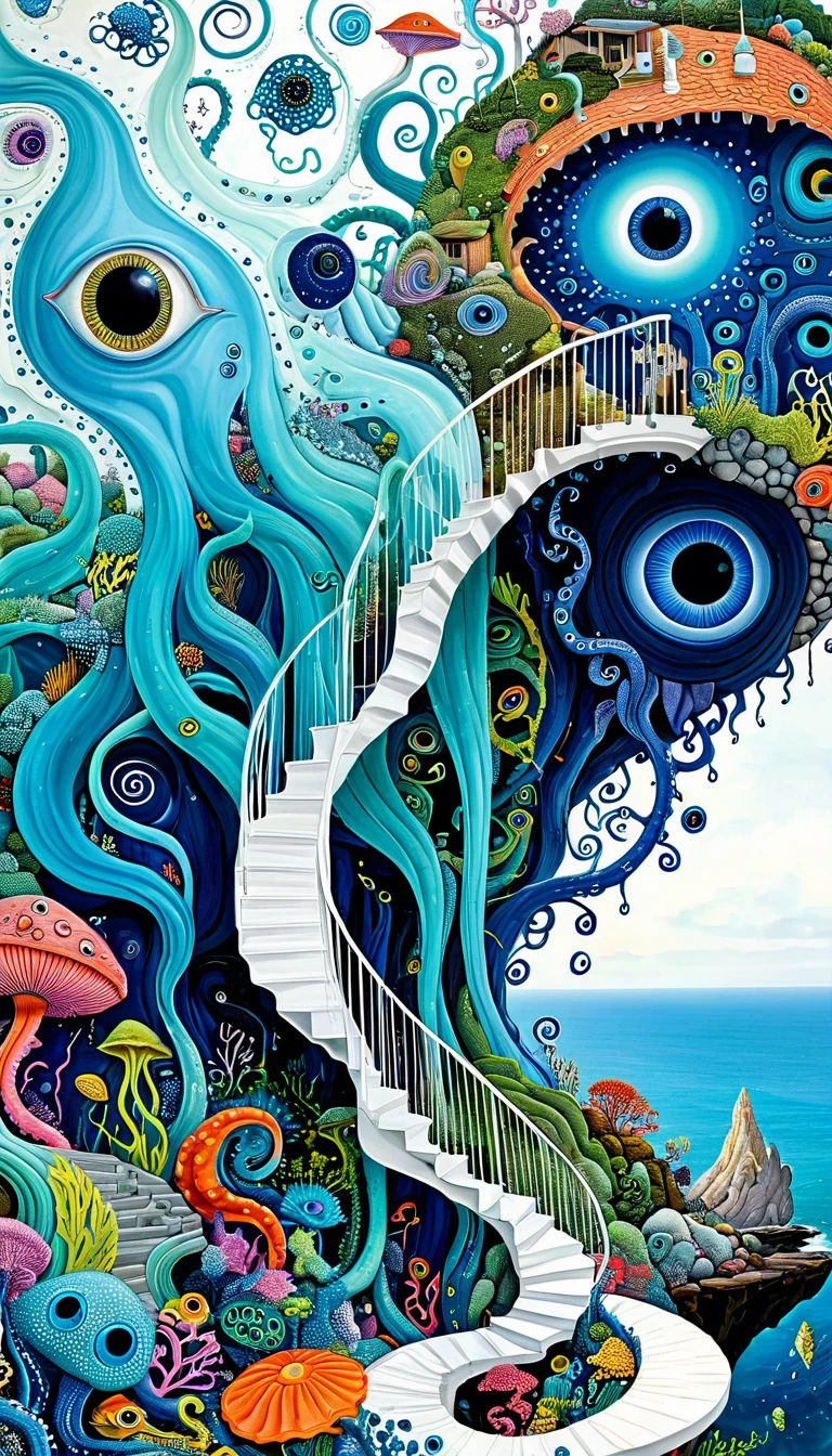 &quot;Dick Ellescas Artist Style&quot;,cabin on cliff，Tentacles瀑布，fish，Tentacles，bird、Eye、eyeball、diatom，Spiral Staircase，Stitching together an abstract painting，Describing the inner world of autistic people，Sense of space，White Space，interesting，Innocence，Psychedelic Art，Blue Theme