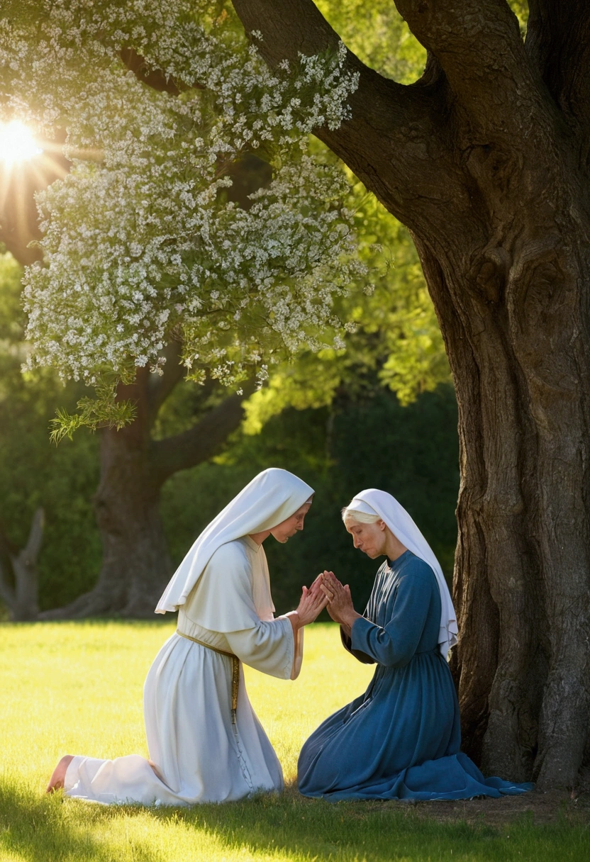 Image of Saint Anne kneeling in prayer under a tree, with an angel appearing and bringing the divine message.