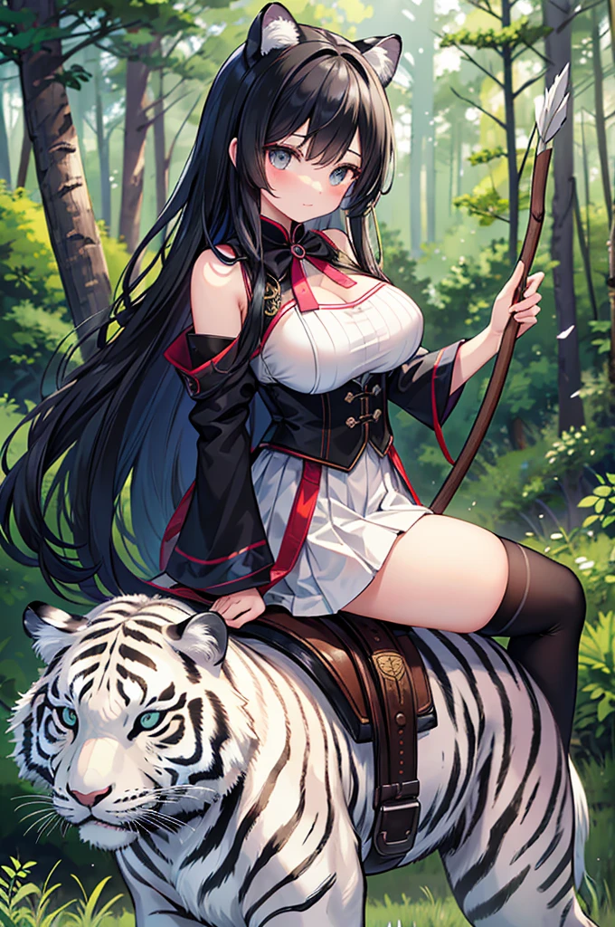 fine，epic，Excellent masterpiece，Face害羞，Face，Characteristic shyness，Fascinating facial expression，Royal sister，Big breasts，Black socks，Black Hair，hunter，Holding a bow and arrow，beautiful girl，forest，Dark，Riding on the back of a white tiger，
