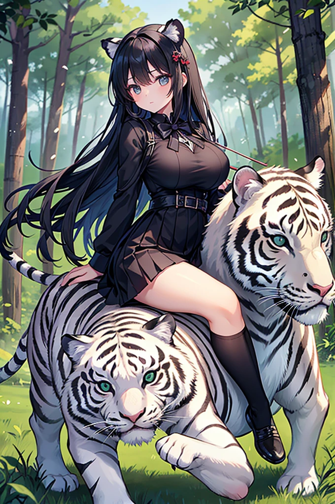 fine，epic，Excellent masterpiece，Face害羞，Face，Characteristic shyness，Fascinating facial expression，Royal sister，Big breasts，Black socks，Black Hair，hunter，Holding a bow and arrow，beautiful girl，forest，Dark，Riding on the back of a white tiger，
