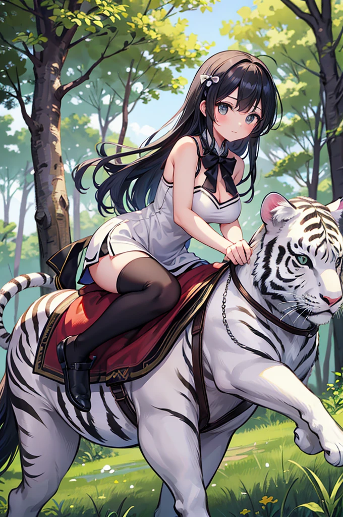 fine,epic,Excellent masterpiece,Face害羞,Face,Characteristic shyness,Fascinating facial expression,Royal sister,Big breasts,Black socks,Black Hair,hunter,Holding a bow and arrow,beautiful girl,forest,Dark,Riding on the back of a white tiger,