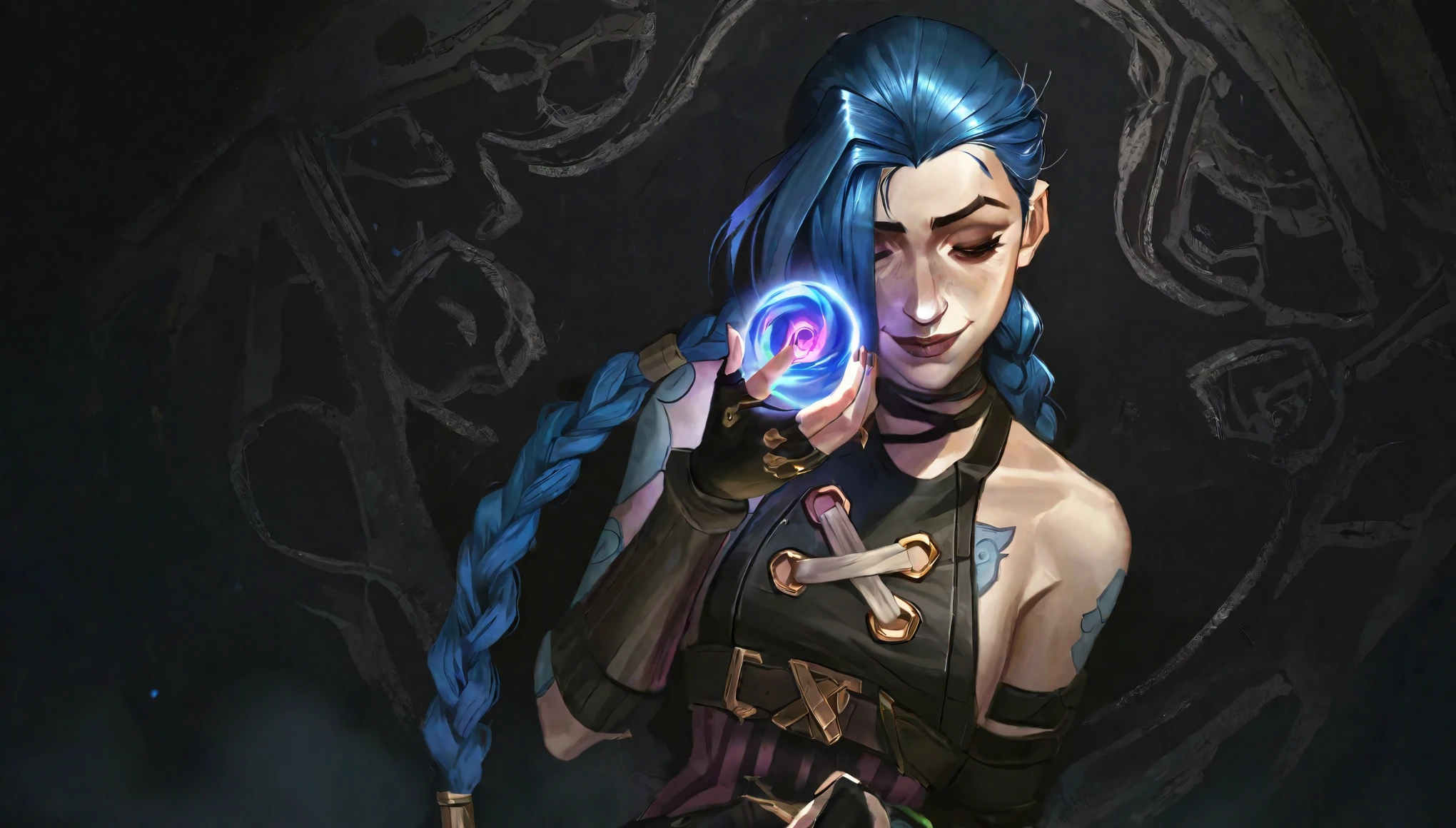 best aesthetic, arcane, arcane jinx hextech gemstone, 1girl, solo, long hair, looking at viewer, smile, bangs, gloves, bare shoulders, blue hair, braid, black gloves, shiny, fingerless gloves, pink eyes, nail polish, shiny hair, twin braids, gradient, hands up, gradient background, tattoo, glowing, black background, pink nails, brown gloves, asymmetrical bangs, arm tattoo, shoulder tattoo, jinx \(league of legends\), a woman with blue hair and a black leather jacket. She is wearing a black leather jacket and has blue hair. Her eyes are closed, and she is holding a crystal ball in front of her face. The scene is set in a dark room, with the woman standing in front of a wall. The overall atmosphere of the artwork is mysterious and intriguing, as the woman's closed eyes and the crystal ball create a sense of enigma and wonder. The combination of the woman's unique appearance and the mysterious object she is holding adds to the captivating nature of the image.