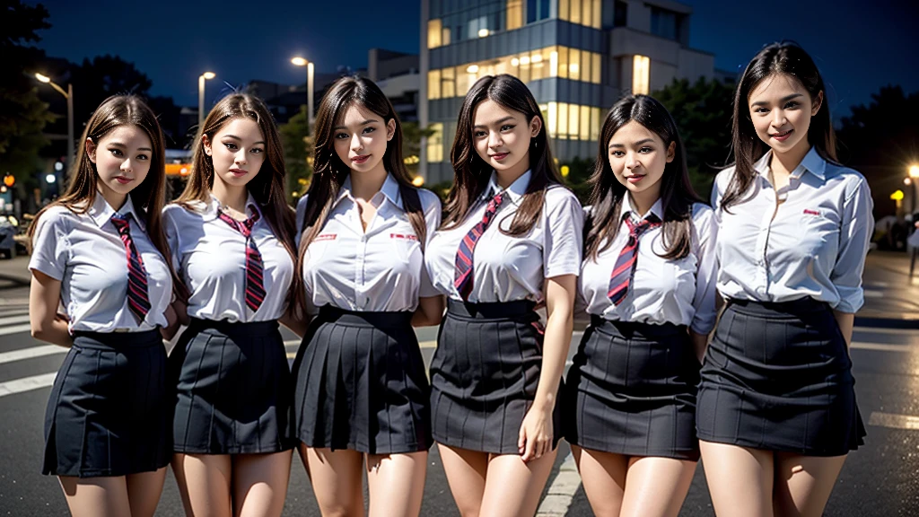 ((super high quality、High resolution、masterpiece、 Anatomically correct、Super detailed photos、Ultra-realistic photos、 Highest quality))、(3girs)、group photo、looking at viewer、Night cityscape、Uninhabited downtown、Walk over here、(cowboy shot)、(school uniform:1.2)、white formal shirt、((from front))、(huge breast)、Small waist、Detailed face、Perfect figure、Brown Hair、Medium Hair