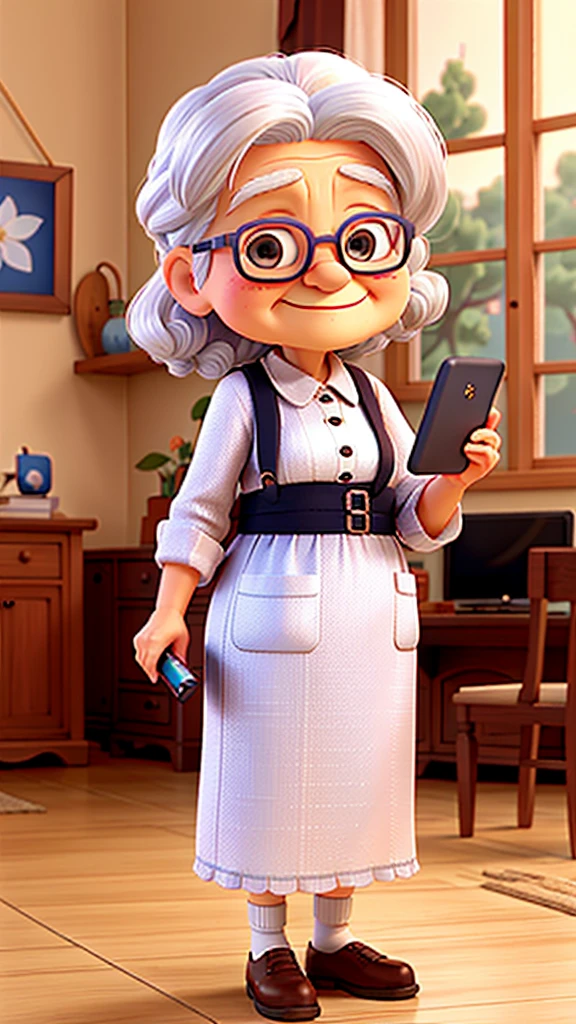 A cute old lady with silvery white hair、Tablet PC in hand、I'm listening with headphones on my head。Background、Stylish coffee shop。