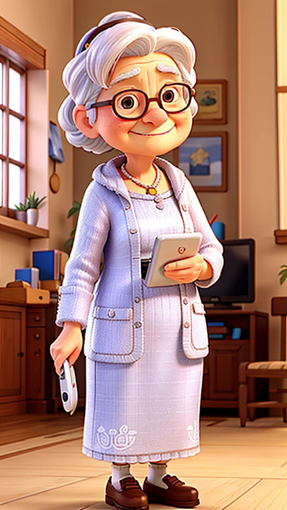 A cute old lady with silvery white hair、Tablet PC in hand、I'm listening with headphones on my head。Background、Stylish coffee shop。