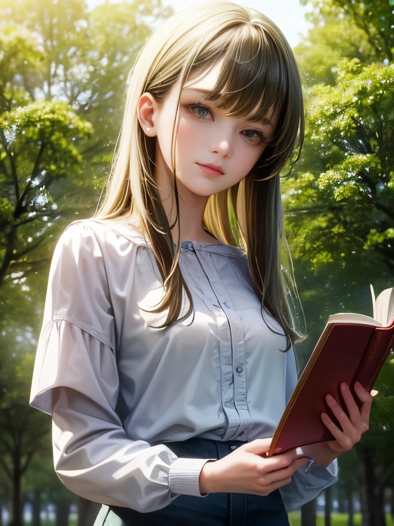 (masterpiece, Highest quality, Super detailed), Portrait of an 18 year old woman with light brown hair, Ultra high definition, Green round eyes, Beige blouse and blue jeans、Smiling Blue Shorts、Singing from under the tree (Leaning against a tree) And read the Brown Book - Auto Ultra Realistic -  