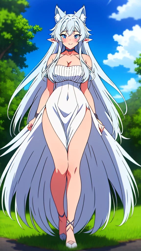 lvl2kara, Fenrys, Fenrisu, long hair, silver hair, light blush, smile, wolf girl, starrystarscloudcolorful, full body, adult, FenrysLv2, grey hair, very long hair, blue eyes, wolf ears, pointy ears, choker, white dress, bare shoulders, black ribbon, cleavage, strap slip