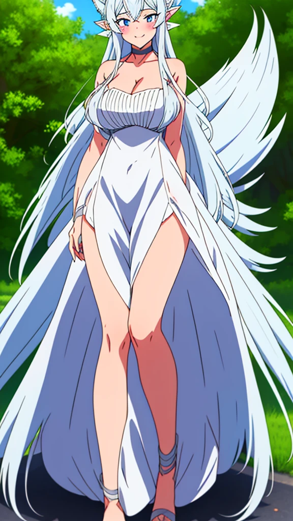 lvl2kara, Fenrys, Fenrisu, long hair, silver hair, light blush, smile, wolf girl, starrystarscloudcolorful, full body, adult, FenrysLv2, grey hair, very long hair, blue eyes, wolf ears, pointy ears, choker, white dress, bare shoulders, black ribbon, cleavage, strap slip