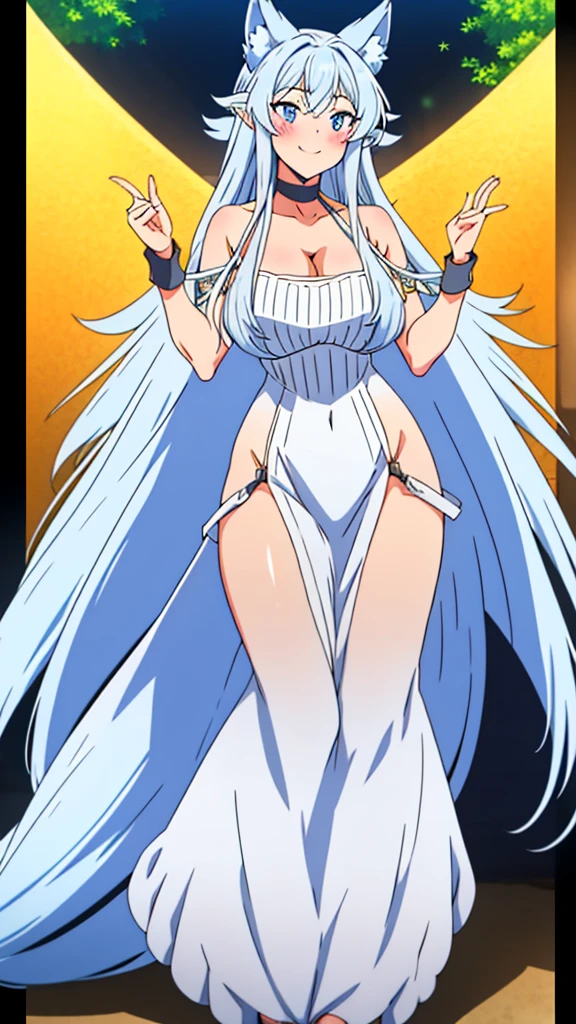 lvl2kara, Fenrys, Fenrisu, long hair, silver hair, light blush, smile, wolf girl, starrystarscloudcolorful, full body, adult, FenrysLv2, grey hair, very long hair, blue eyes, wolf ears, pointy ears, choker, white dress, bare shoulders, black ribbon, cleavage, strap slip