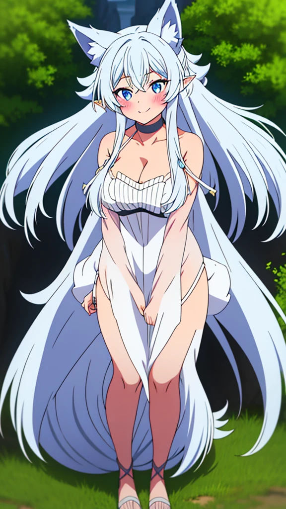 Highschool Dxd, Rossweisse, 1girl, (((bimbo))), white long hair, blue eyes, ear rings, (((bimbo))), puffy lips, thick lips, smile face, wide hips, thick thighs, huge round ass, huge natural breasts, white bikini, spreading legs, arms up,