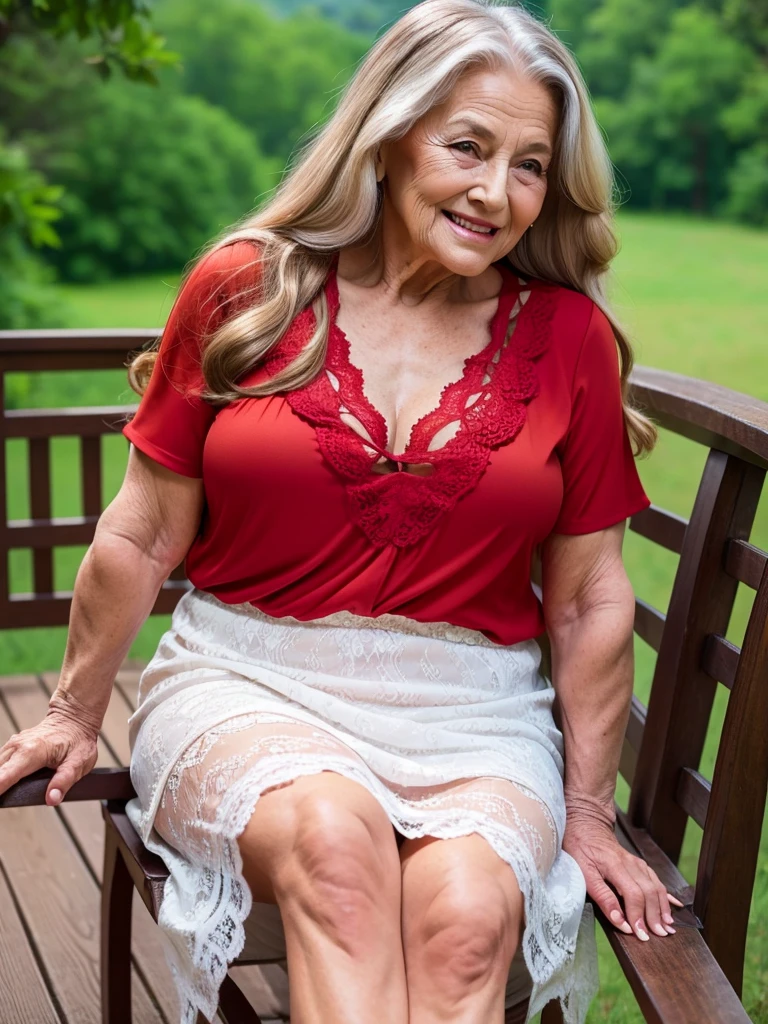 Mature old woman 80 years with long hair, plus size, old face and body with many wrinkles, loose skin, smiling standing on plain with beautiful view, posing for photo, She wearing short red dress with white pattern and white lace stockings, side view. jaw dropping mature older beauty, old face and body with wrinkles, old face, attractive grandma, a gorgeous old hair, beautiful old grandma, lovely older mature grandma, gorgeous beautiful grandma over 80 years old, beautiful long hair grandma, beautiful detailed body and face, a beautiful old granny