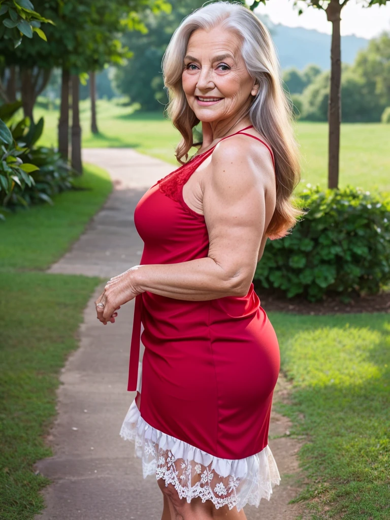 Mature old woman 80 years with long hair, plus size, old face and body with many wrinkles, loose skin, smiling standing on plain with beautiful view, posing for photo, She wearing short red dress with white pattern and white lace stockings, side view. jaw dropping mature older beauty, old face and body with wrinkles, old face, attractive grandma, a gorgeous old hair, beautiful old grandma, lovely older mature grandma, gorgeous beautiful grandma over 80 years old, beautiful long hair grandma, beautiful detailed body and face, a beautiful old granny