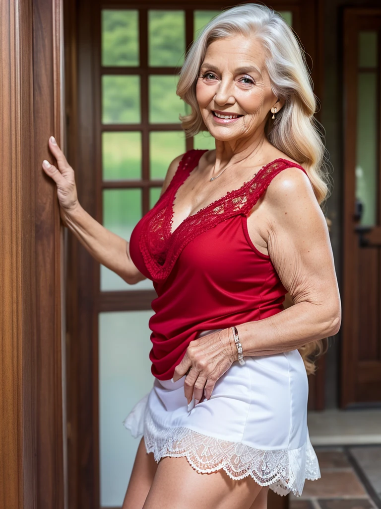 Mature old woman 80 years with long hair, plus size, old face and body with many wrinkles, loose skin, smiling standing on plain with beautiful view, posing for photo, She wearing short red dress with white pattern and white lace stockings, side view. jaw dropping mature older beauty, old face and body with wrinkles, old face, attractive grandma, a gorgeous old hair, beautiful old grandma, lovely older mature grandma, gorgeous beautiful grandma over 80 years old, beautiful long hair grandma, beautiful detailed body and face, a beautiful old granny