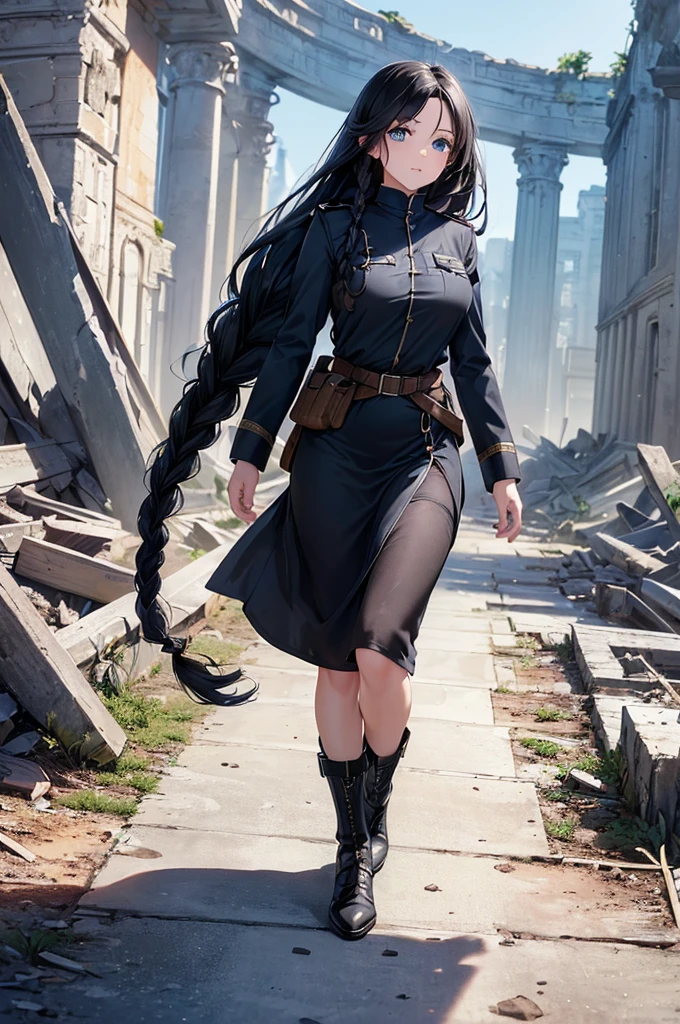 ((masterpiece)), (bestquality), ((ultra-detailed)), depth of field, (dynamic angle), (beautiful detailed blue eyes), 1woman, ((full body portrait)),((voluminous long black hair styled into one single long braid down to her waist)), tomboy, Walking through ruins, ((wearing a black military uhlan tunic)), perfect Body, medium bust, Apocalypse,