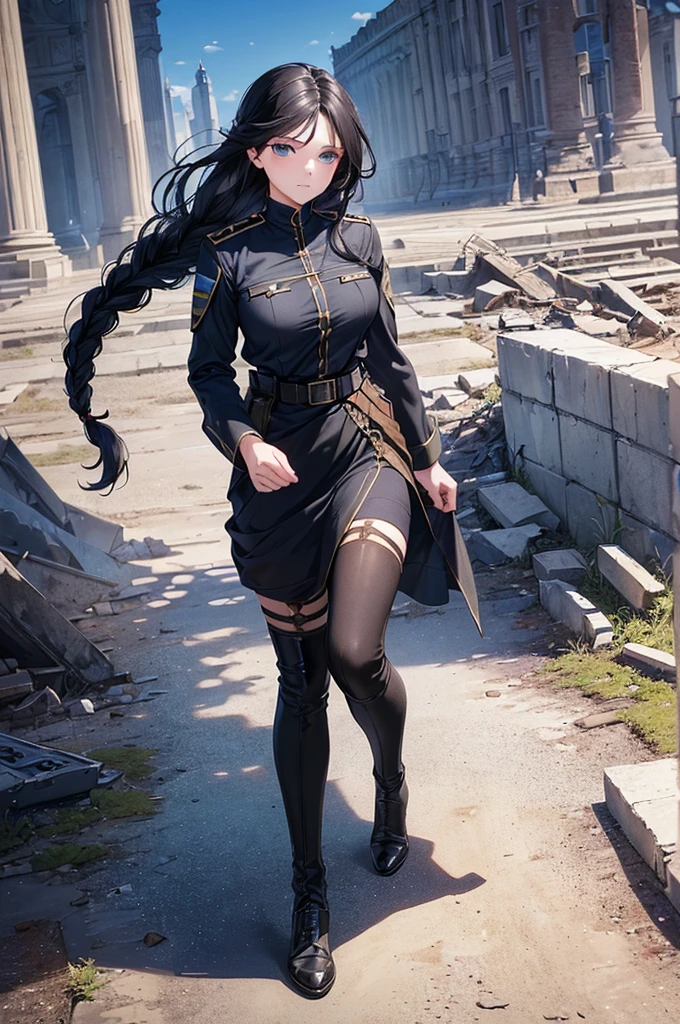 ((masterpiece)), (bestquality), ((ultra-detailed)), depth of field, (dynamic angle), (beautiful detailed blue eyes), 1woman, ((full body portrait)),((voluminous long black hair styled into one single long braid down to her waist)), tomboy, Walking through ruins, ((wearing a black military uhlan tunic)), perfect Body, medium bust, Apocalypse,
