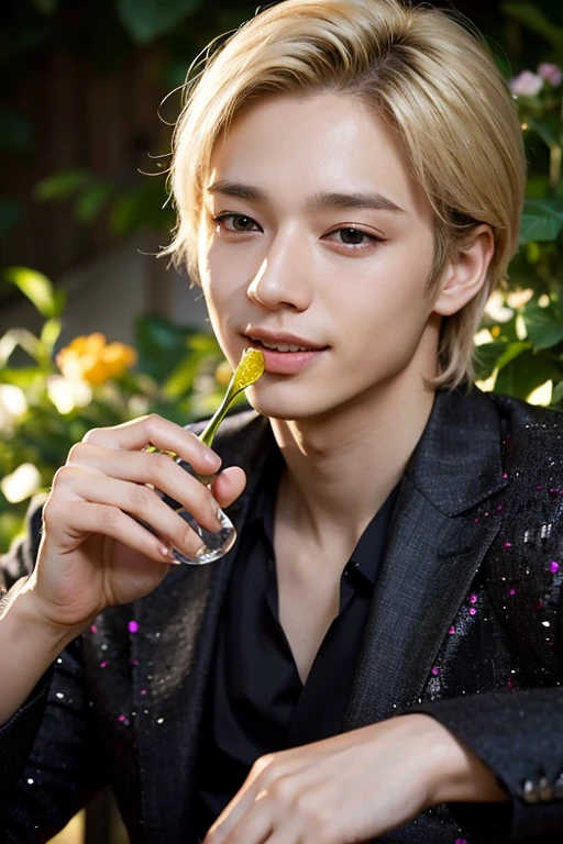 1 young man, alone, open eyes, Put on a watch, blonde hair, Hold a wine glass, realistic, flower garden background, smile, Long eyelashes, lips, black set, Portrait, Dark eyebrows, smart