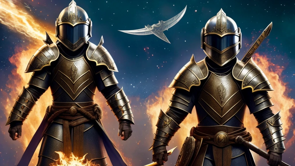 Boy in medieval armor, helmet, shield and a book in hand interconnected to the heavens, connection to a throne above, Galaxy, enemy ahead huge strong opponent with fire and hatred holding a sword, universe, might