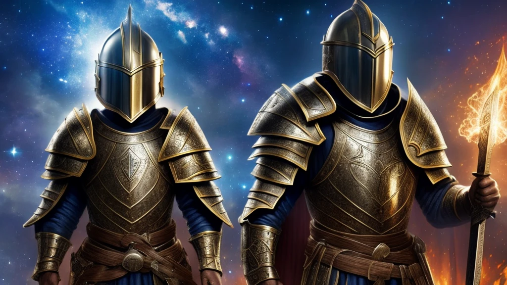 Boy in medieval armor, helmet, shield and a book in hand interconnected to the heavens, connection to a throne above, Galaxy, enemy ahead huge strong opponent with fire and hatred holding a sword, universe, might