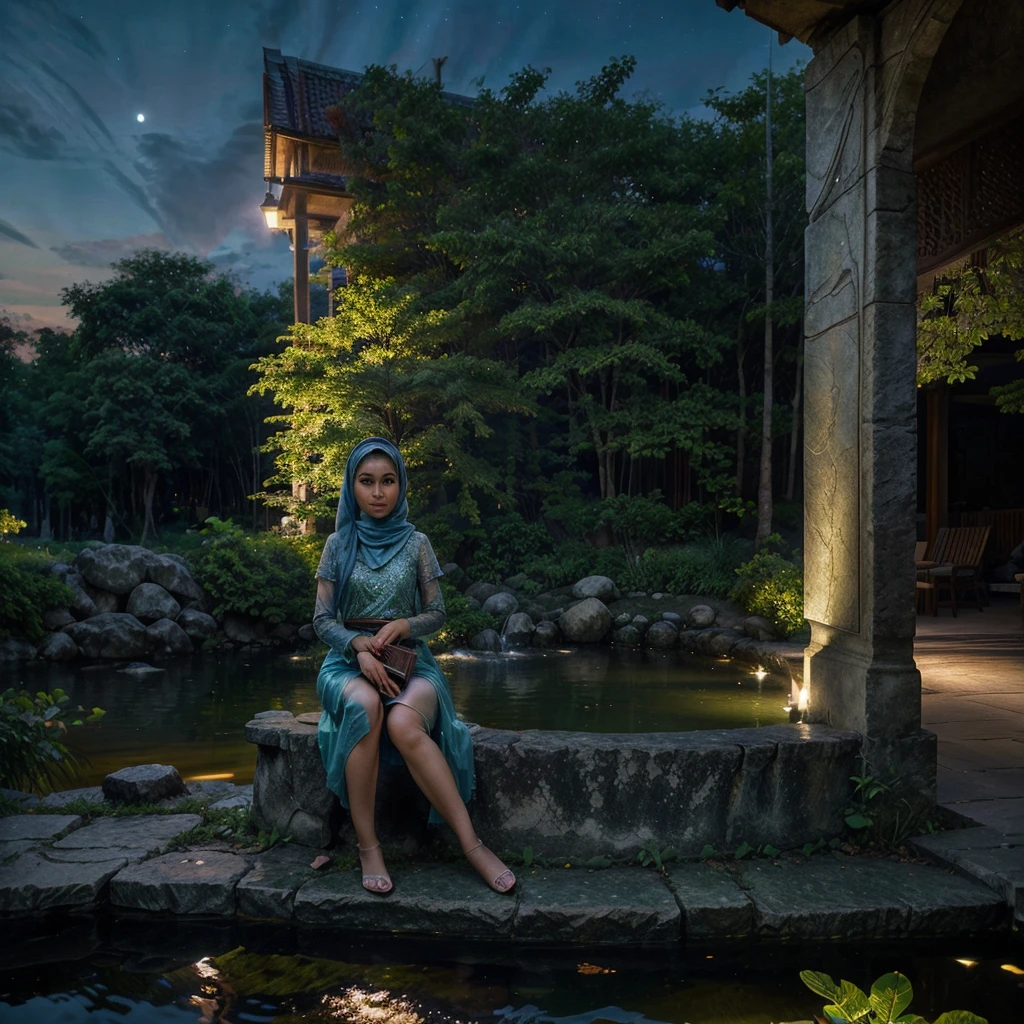 A stunning high-quality fantasy artwork featuring a captivating 20 yo Indonesia woman with a serene expression, her face turned towards the camera. She wears ethereal Muslim attire with a flowing, long hijab. Seated gracefully on a large rock holding an ancientsl book, she is surrounded by a tranquil pond that reflects her image, with unique, verdant trees in the background. The twilight sky emits a subtle aurora, adding to the enchanting atmosphere. The detailed, close-up composition creates a cinematic and mystical ambiance, enhanced by volumetric lighting.