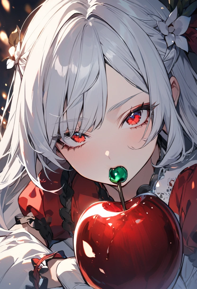 close up of Snow White taking a bite out of a poison apple.