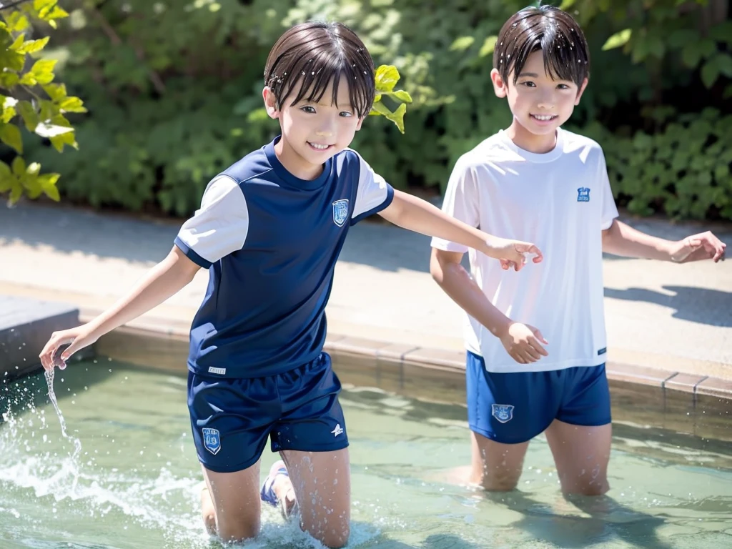 In the forest、Swimming in the river、Cool and refreshing water、e eleYear old boy、Boy in gym clothes、The bottom of the white T-shirt is blue、Blue shorts、The boys are playing、Get wet all over、Noisy boys、Splashing Water、Japanese、(Boy 1.4)