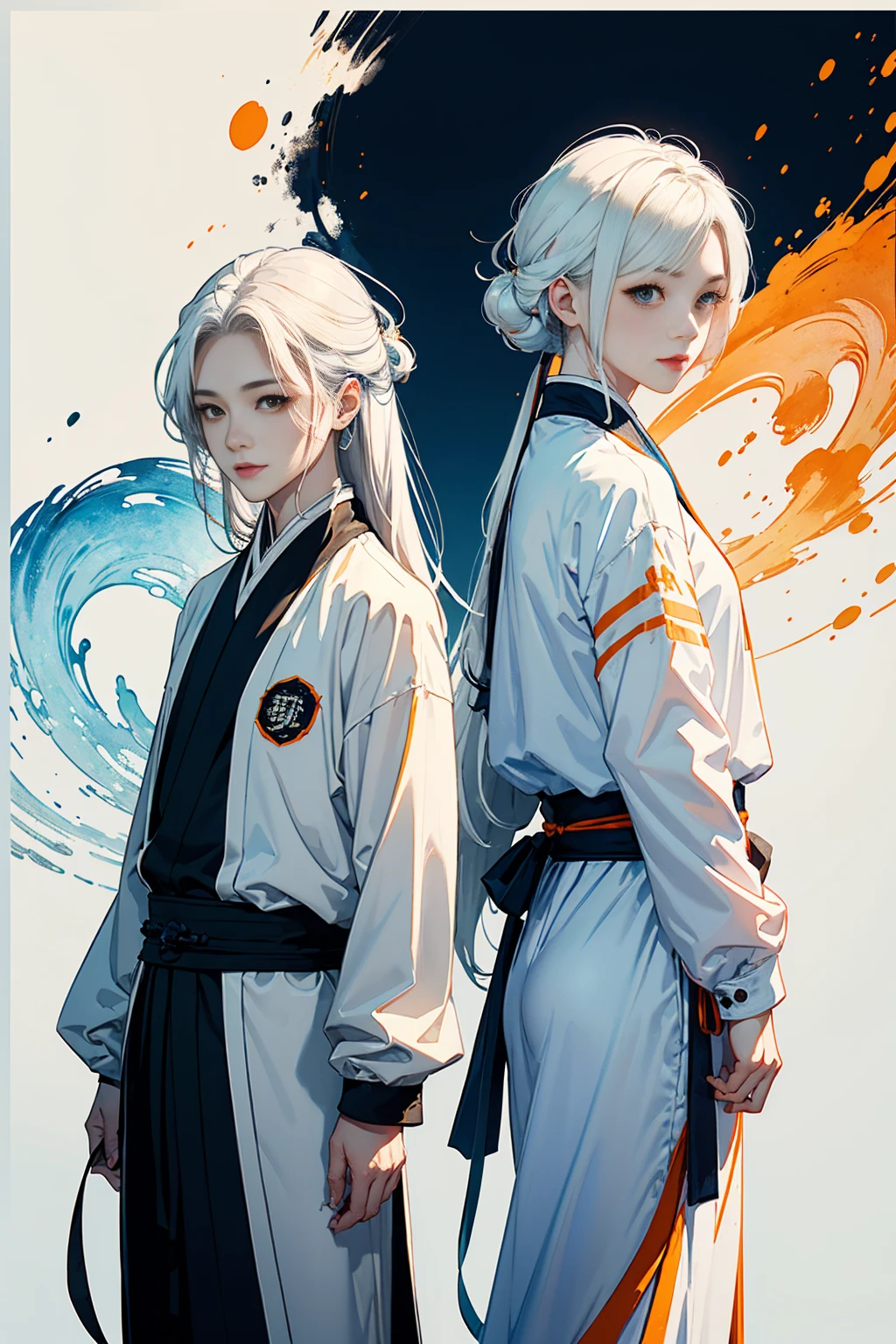 high quality , one white hair girl and one white hair boy, long hair, wuxia character, ((white clothes with blue and orange accent)), ink painting background, flat background, minimalist background, wind pattern background, smiling, standing back to back, white background, cinematic lingting