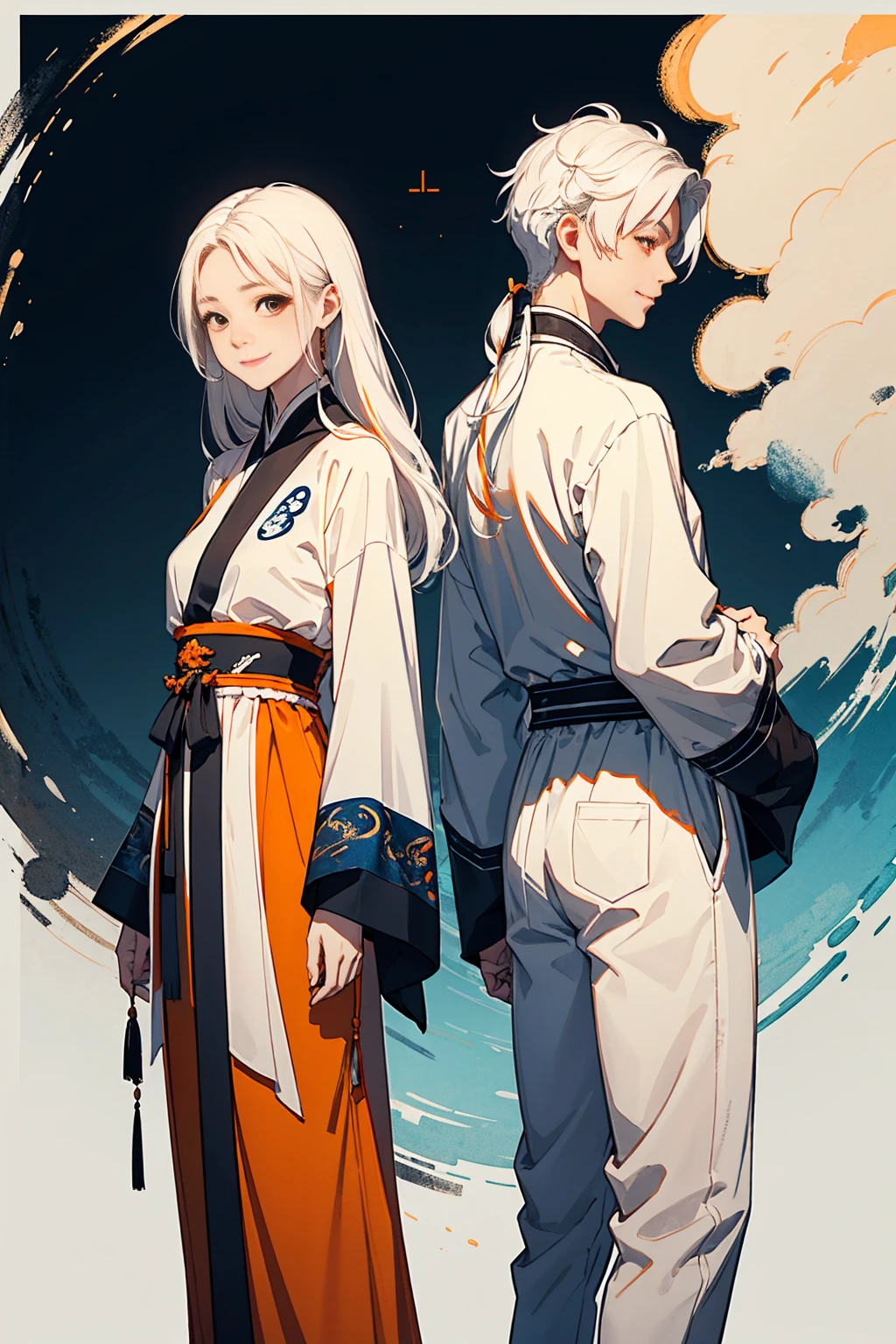 high quality , one white hair girl and one white hair boy, long hair, wuxia character, ((white clothes with blue and orange accent)), ink painting background, flat background, minimalist background, wind pattern background, smiling, standing back to back, white background, cinematic lingting