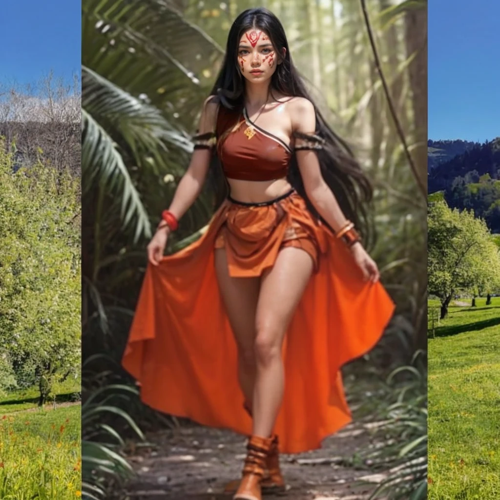 (8K, Best Quality, Photorealistic), girl walking, indigenous cerimony outfit, boobies:1.4, face paint on forehead, indigenous bracelets, esharpe laranja por cima do shorts laranja, orange top, orange outfit tones. shoulders off. Centered top strap,  orange thighs and boots, Orange Leafe ear ring. Apply Sharpness to the photo. Makes it clearer. forest background.