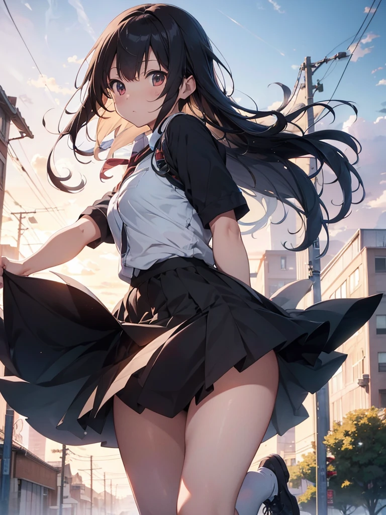 thighs thighs thighs thighs、(the Extremely Detailed CG Unity 8K Wallpapers,masutepiece, Best Quality, Ultra-detailed),Commuting to school,Unexpectedly strong wind blows, Panty Shot.from below,Skirt fluttering,turned around,