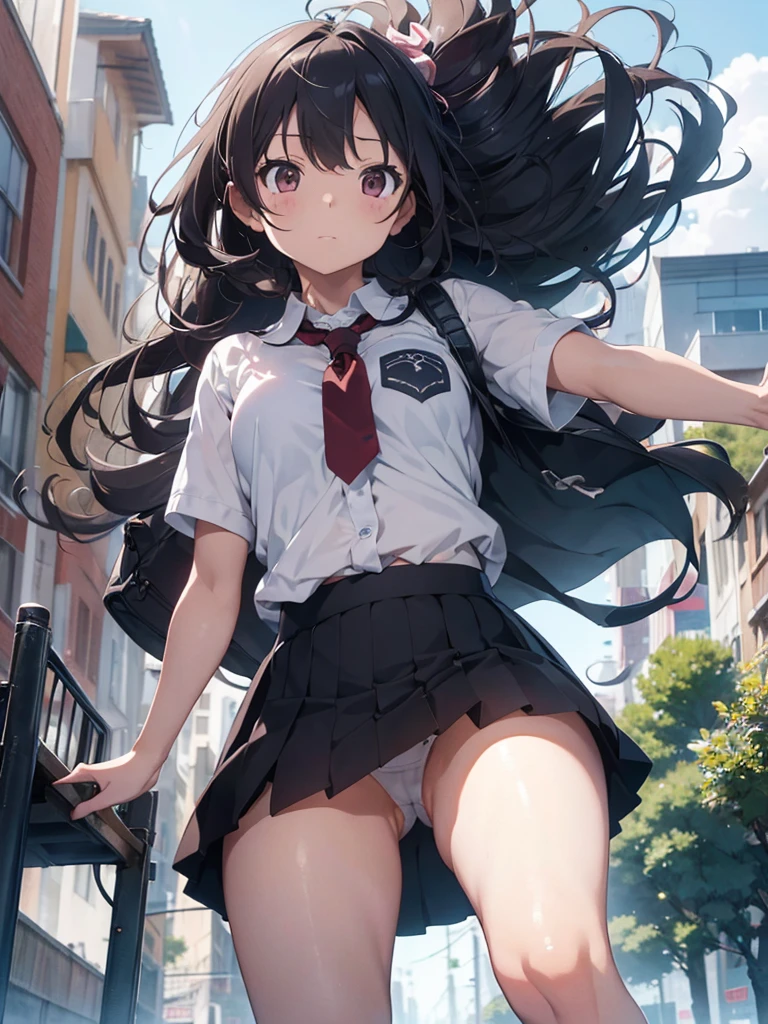 thighs thighs thighs thighs、(the Extremely Detailed CG Unity 8K Wallpapers,masutepiece, Best Quality, Ultra-detailed),Commuting to school,Unexpectedly strong wind blows, Panty Shot.from below,Skirt fluttering,turned around,