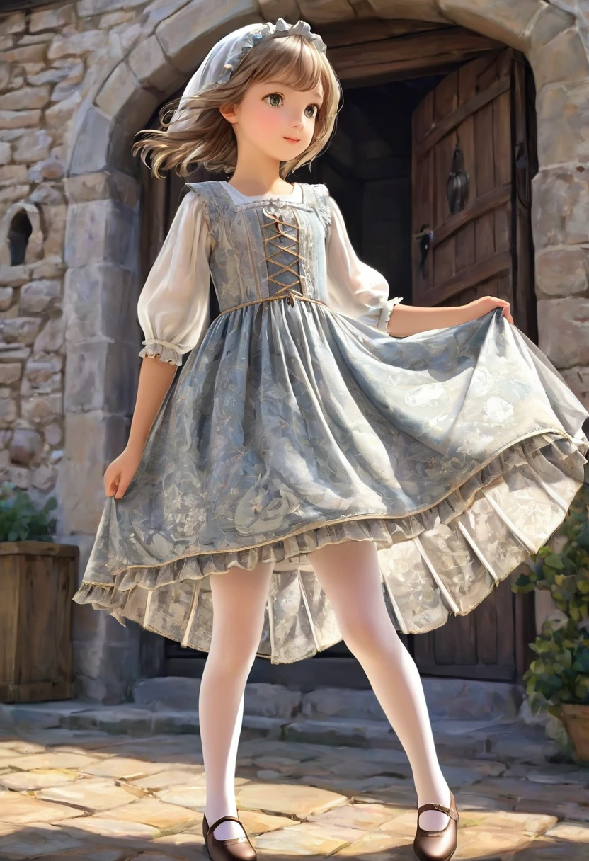  girl underwear, Realistic bloomers made from patterned cotton fabric, , Medieval one-piece dress with panniers, Fabric Realism, Low - Angle, You can see the drawer, Pull up the dress by hand, Strong winds, Translucent slip, Translucent slip, tights, Highest quality, Crotch close-up, whole body
