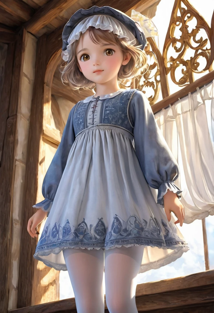 10 year old girl underwear, Realistic bloomers made from patterned cotton fabric, , Medieval one-piece dress with panniers, Fabric Realism, Low - Angle, You can see the drawer, Pull up the dress by hand, Strong winds, Translucent slip, Translucent slip, tights, Highest quality, Crotch close-up, whole body
