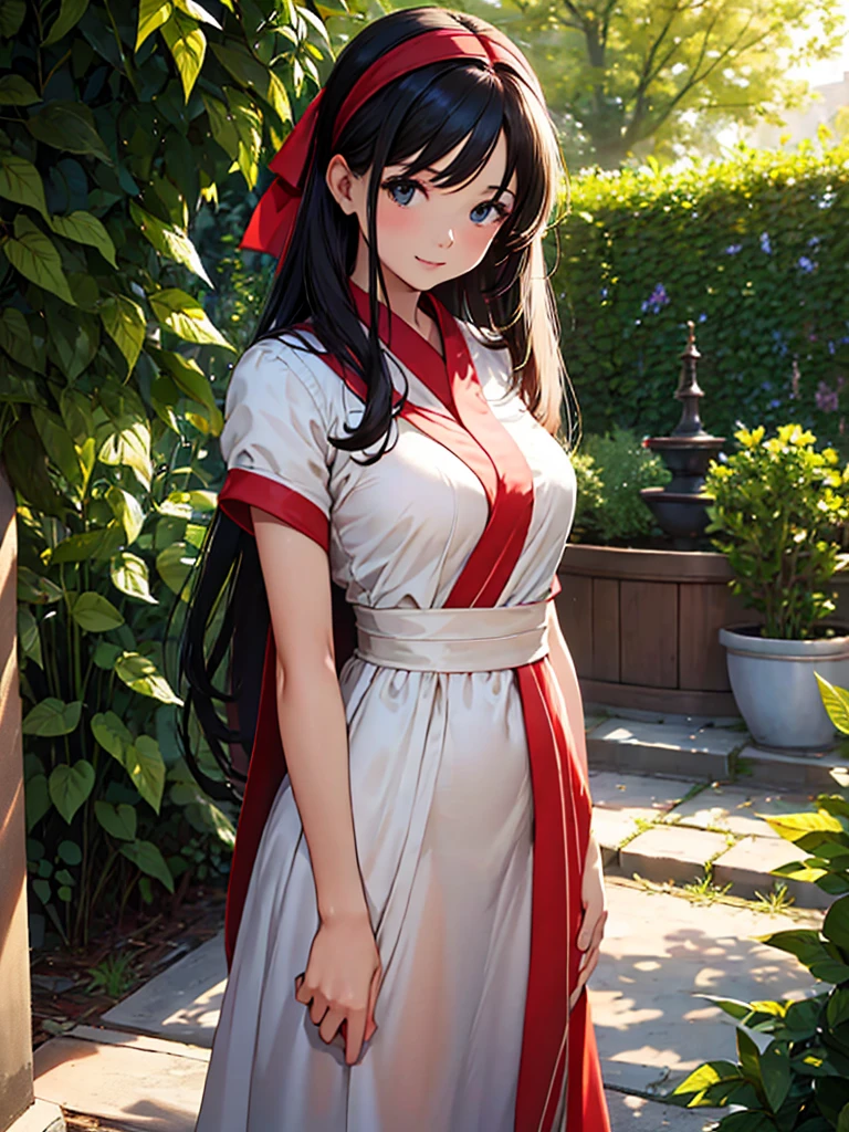 (Masterpiece, best quality, high res、highly detailed cg: 1), Create a picture of a married woman with a neat and mild appearance. She is modestly and elegantly dressed, exuding sophistication and grace, with a gentle smile and calm demeanor. The background should be a garden, a tastefully decorated room, or other environment that emphasizes her outwardly innocent and reputable character. The painting should suggest her hidden, more uninhibited side, but not be blatant. ((red ribbon, hair band)), 35 years old