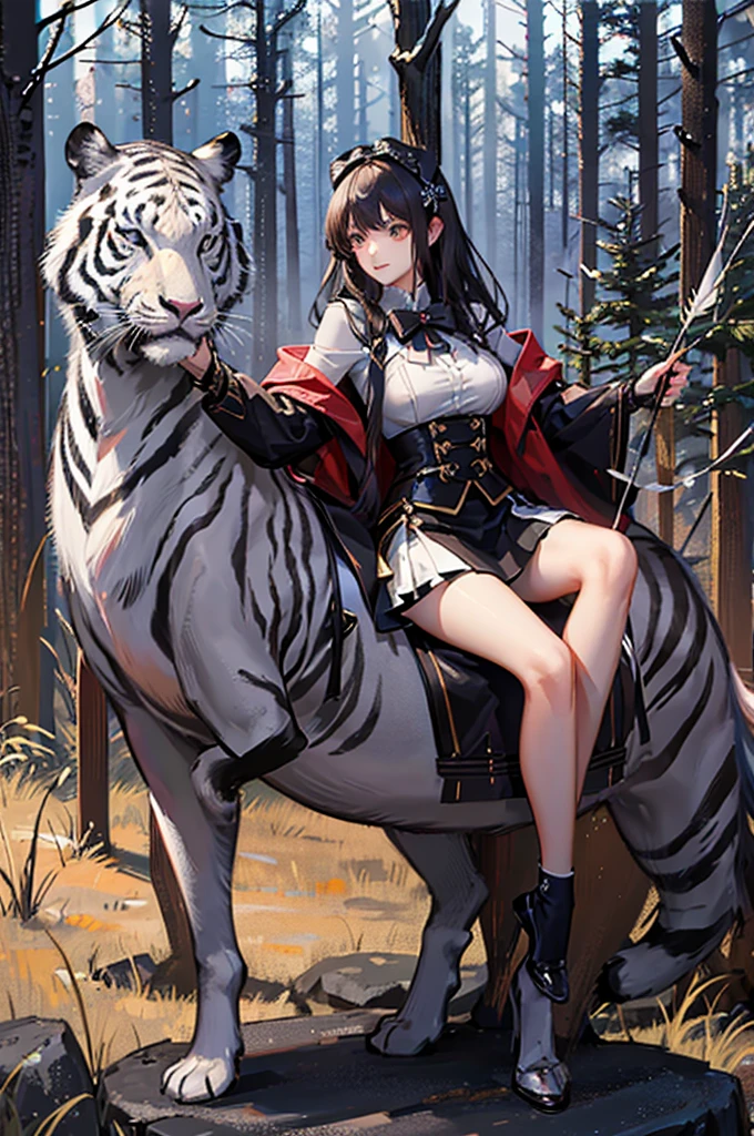 fine，epic，Excellent masterpiece，Face害羞，Face，Characteristic shyness，Fascinating facial expression，Royal sister，Big breasts，Black socks，Black Hair，hunter，Holding a bow and arrow，beautiful girl，forest，Dark，Riding on the back of a white tiger，
