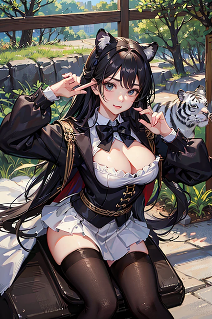 fine，epic，Excellent masterpiece，Face害羞，Face，Characteristic shyness，Fascinating facial expression，Royal sister，Big breasts，Black socks，Black Hair，hunter，Holding a bow and arrow，beautiful girl，forest，Dark，Riding on the back of a white tiger，
