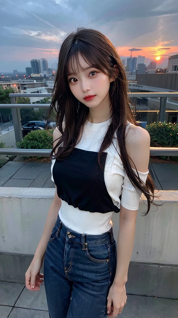 ((Midnight, Highest quality, 8K, masterpiece :1.3)), whole body, Long legs, Sharp focus :1.2, Beautiful woman with perfect figure :1.4, Slim Abs :1.1, ((Dark brown hair, Big Breasts :1.2)), (White tight T-shirt, Jean Bib, Are standing:1.2), ((Night city view)), Highly detailed face and skin texture, Fine grain, double eyelid, sunset, Darken, Backlight, Off the shoulder