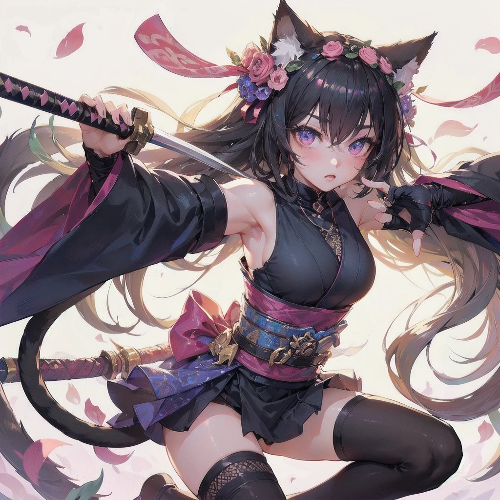 masterpiece, (textured skin), best quality, gorgeous beautiful girl, (a female
cat ears,cat tail),ninja,detailed clothes,large breasts,narrow waist,, (beautiful face), cinematic lighting, (fantasy anime art ),