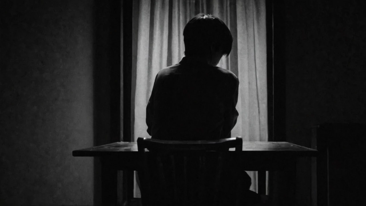 A dark and poorly lit room, A man is sitting at the table, with your back to the window. The dim light reveals a shadowy figure discreetly peering through the half-open curtains.. Your eyes glow faintly in the darkness, creating an atmosphere of suspense and intrigue, (アニメ), Bizarre scenario, This is Junji, Yusuke Murata, black andwhite, 8K, アニメ, horor