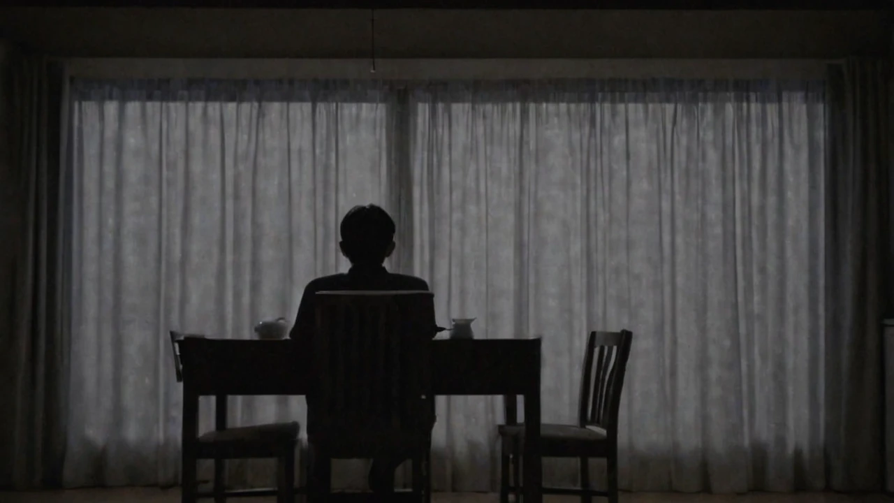 A dark and poorly lit room, A man is sitting at the table, with your back to the window. The dim light reveals a shadowy figure discreetly peering through the half-open curtains.. Your eyes glow faintly in the darkness, creating an atmosphere of suspense and intrigue, (アニメ), Bizarre scenario, This is Junji, Yusuke Murata, black andwhite, 8K, アニメ, horor
