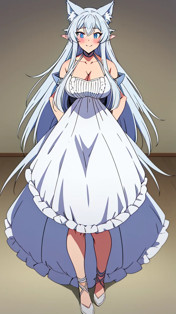 lvl2kara, Fenrys, Fenrisu, long hair, silver hair, light blush, smile, wolf girl, starrystarscloudcolorful, full body, adult, FenrysLv2, grey hair, very long hair, blue eyes, wolf ears, pointy ears, choker, white dress, bare shoulders, black ribbon, cleavage, strap slip