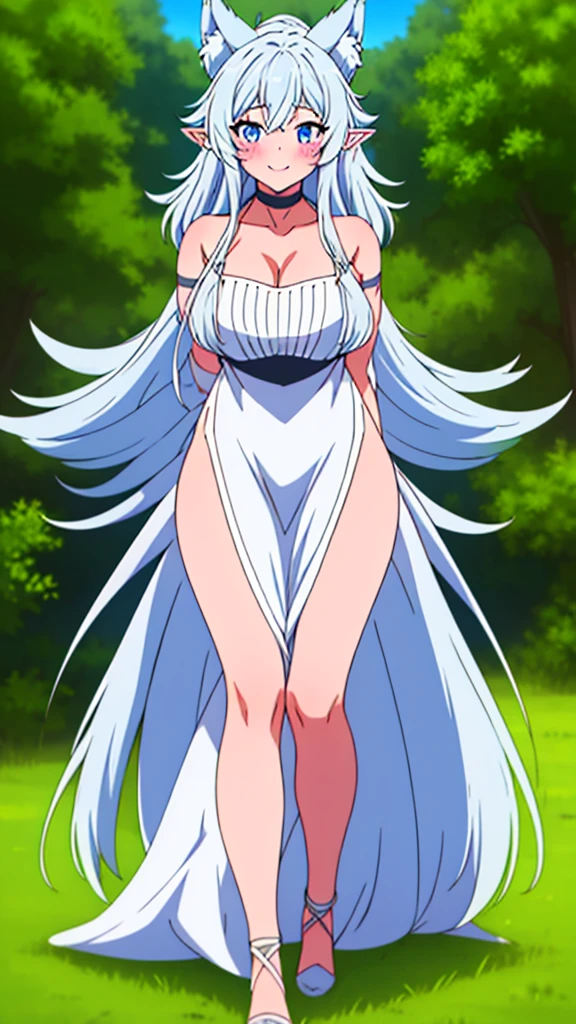 lvl2kara, Fenrys, Fenrisu, long hair, silver hair, light blush, smile, wolf girl, starrystarscloudcolorful, full body, adult, FenrysLv2, grey hair, very long hair, blue eyes, wolf ears, pointy ears, choker, white dress, bare shoulders, black ribbon, cleavage, strap slip