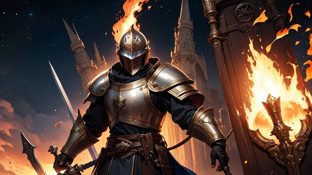 Boy in medieval armor, helmet, shield and a book in hand interconnected to the heavens, connection to a throne above, Galaxy, enemy ahead huge strong opponent with fire and hatred holding a sword, universe, might
