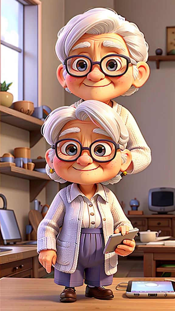 A cute old lady with silvery white hair、Holding a tablet PC in his hand、I&#39;m listening with earphones in my ears。Background、Stylish coffee shop。